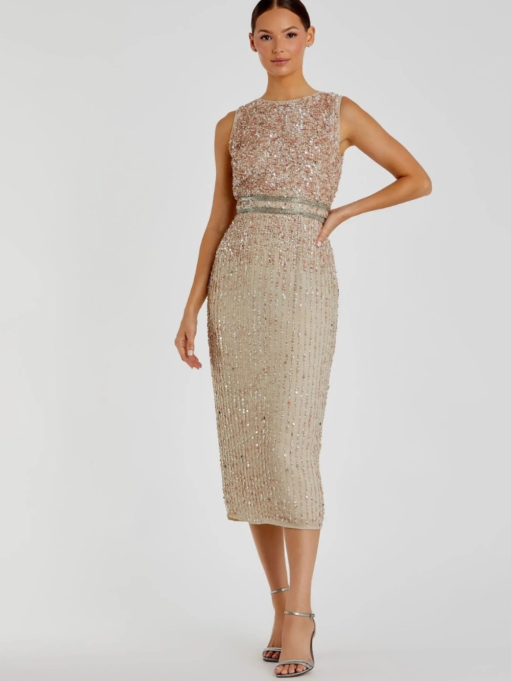 Mac Duggal Ivory Sequin Midi Dress